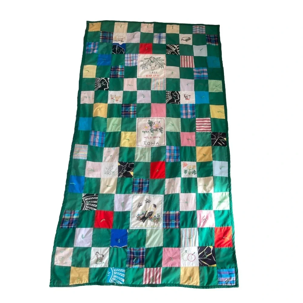 Vintage Fabric Patchwork Quilt Handmade Throw Blanket Needlepoint Farmhouse Iowa